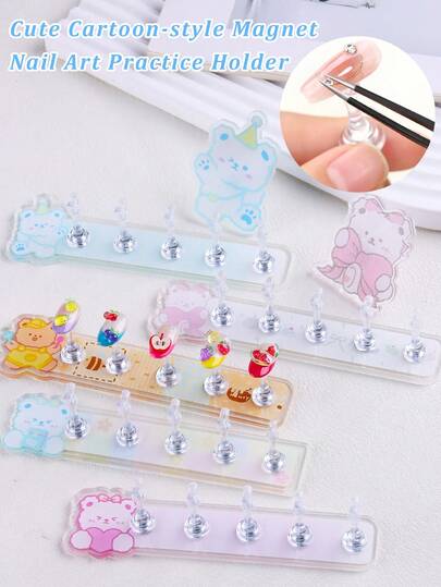 Acrylic Nail Display Stand DIY Nail Crystal Holder Magnetic Practice Stands Five Cute Cartoon Bear Bases Nails Display Practice Magnetic Fake Nail Holder For Painting Nails For False Fingernail Manicure Tool Home DIY Salon Supplies
