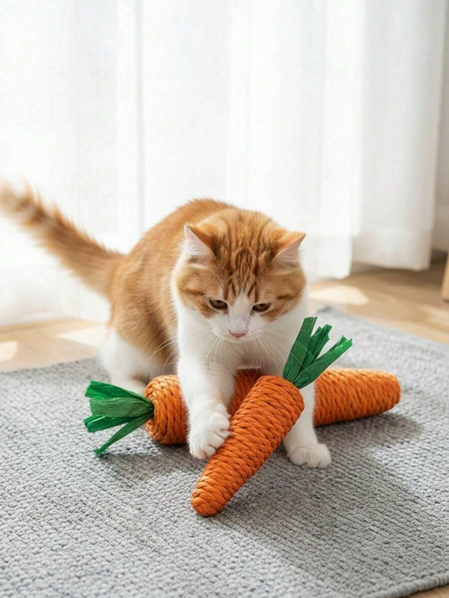 1个胡萝卜造型互动猫玩具,采用剑麻绳制成,帮助猫咪磨牙、啃咬和锻炼牙齿。内填充沙子,可发出声响,吸引猫咪。有大号和小号两种尺寸可选,适合各种体型的猫咪。室内猫咪用品。 - 查看 1