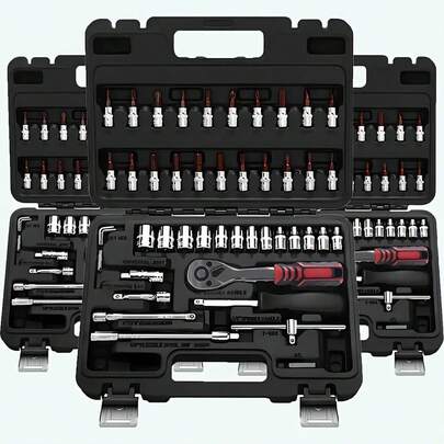 46件套多功能汽车维修工具套装，升级版黑色46件套（货号216），配备塑料收纳盒，包含六角扳手、1/2英寸*3/4英寸驱动深孔和标准棘轮套筒、螺丝刀和延长杆，适用于家庭维修。