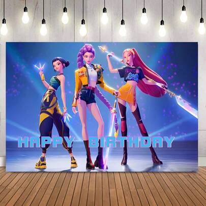 1 pieza Tela de fondo de decoración de fiesta con tema de música de grupo femenino K-Pop autorizado (210*150/150*100/100*75cm), Fondo de fotografía de cumpleaños feliz de K-POP, adecuado para cumpleaños, regalo de adultos, decoración de banner de pared para fiesta de festival de música