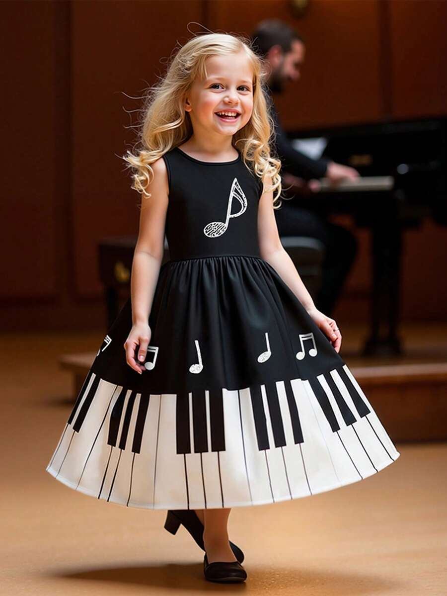 1件女童夏装,女童黑色圆领无袖钢琴键印花连衣裙,儿童简约舒适休闲装,女童户外运动度假娱乐服装 - 黑色 - 查看 1