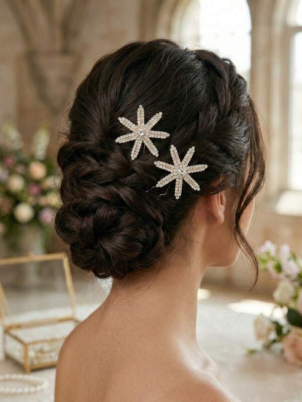 2pcs Glamorous Rhinestone Star Hair Pins Set, Shiny Silver Starburst Hair Forks For Wedding Guest, Prom & Party Hair Styling Accessories For Women