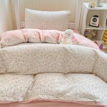 4pcs Sage Floral Duvet Cover Set With Sheet, Soft Washed Aesthetic Bedding Set, Cute Botanical Leaf Print Quilt Cover, Cottagecore Dorm Room Decor - Pink Flower Bunny - View 5