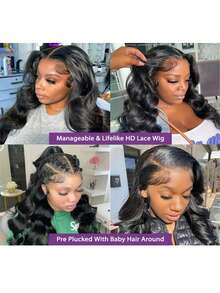 200% High Density Body Wave Wig - 13x4 HD Transparent Lace Front Virgin Human Blended Hair, Pre-Plucked Glueless Frontal Wig For Women, Voluminous Curls & Natural Look, No Glue & Ready To Wear - Natural & Black - View 11