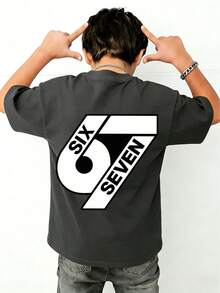 男童“六七”67数字字母印花T恤，适合男孩街头、校园、活动、日常穿着，时尚夏季上衣 - 深灰色 - 查看 4