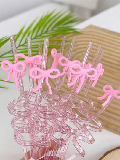 10pcs Pink Glitter Bow Reusable Plastic Drink Straws, Suitable For Birthday Party, Bachelorette Party, Wedding Decoration And Various Celebration Events. Elegant Drink Accessories, Party Essentials, Holiday Decor, Decorative Straws, Theme Party Supplies, Graduation Ceremony Decoration, Mother's Day Gift.