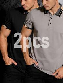 Men's 2pcs Black & Grey Contrast Trim Collar Slim Fit Business Casual Short Sleeve POLO Shirt - Multicolor - View 1