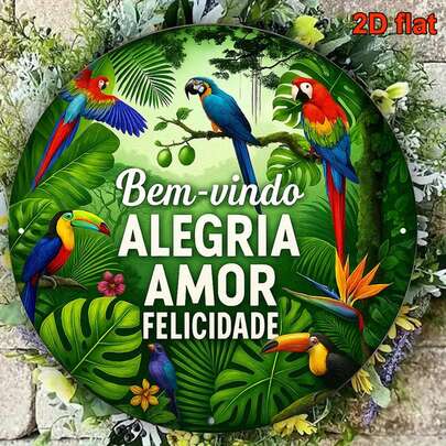 1pc Vintage Round Portuguese Sign Decor Plaque With "Tropical Parrot Welcome" Text, Tropical Rainforest Theme Decoration Suitable For Living Room, Bedroom, Study, Dining Room, Cafe, Bar