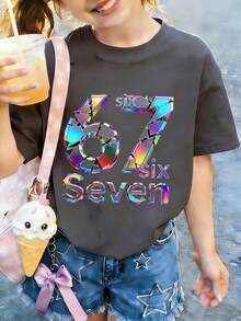 少女“六七67”卡通印花T恤，适合女孩户外运动、日常休闲穿着、街头风、校园风，时尚百搭的春夏上衣 - 深灰色 - 查看 3