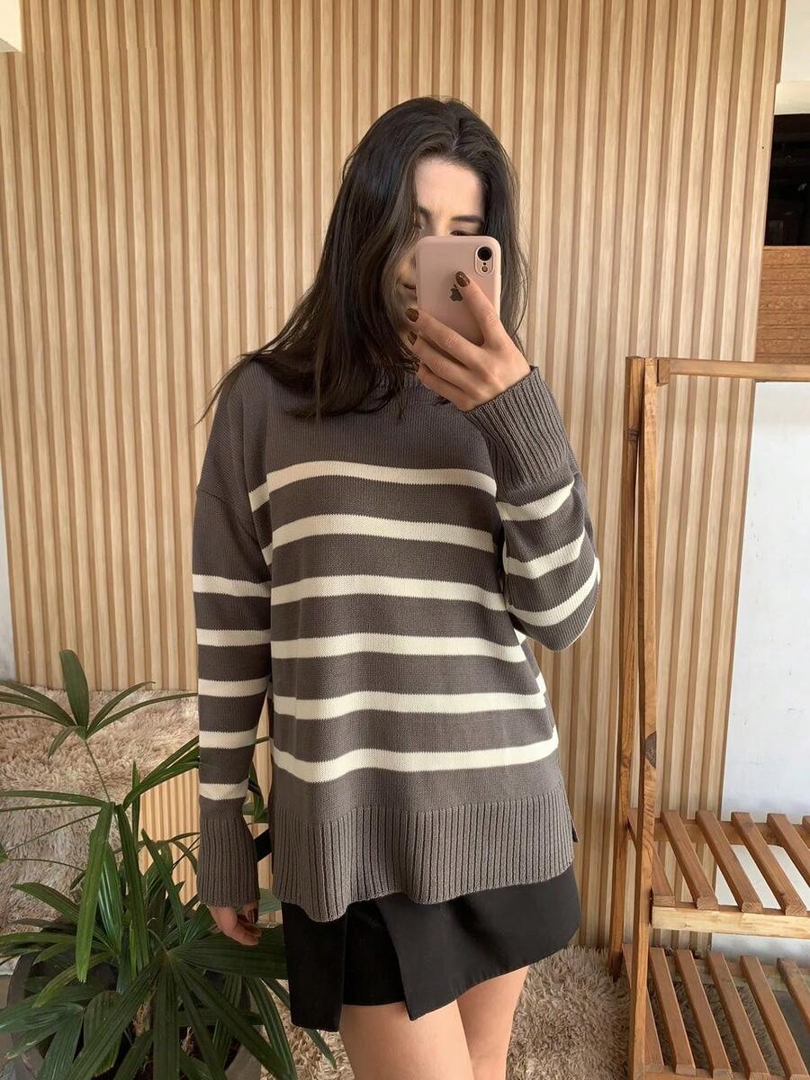 Striped Long-Sleeved Knit Sweater Top, Warm And Comfortable. - Grey - View 1