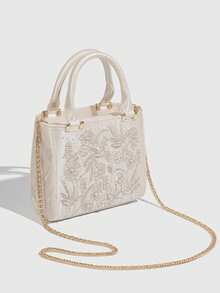 Pearl Embroidered Satin Handbag, Cheongsam Party Clutch, Chain Shoulder Bag For Women - Beige - View 5