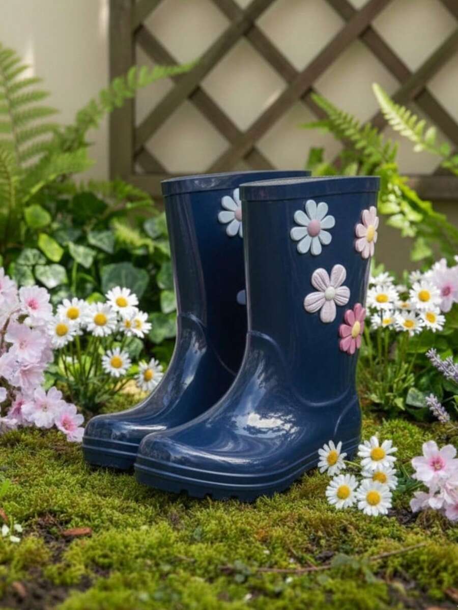 Girls' High-Top Rain Boots, Waterproof, Floral Print, Pastel Colors, Non-Slip, Comfortable - 藏蓝色 - 查看 1