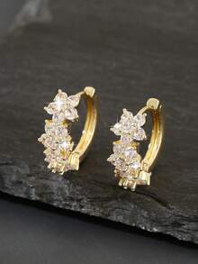 1 Pair Luxury Copper Zirconia Flower Round Hoop Earrings, Sweet & Fashionable Gift For Women - Round - View 8