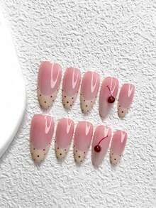 10片手工亚克力短款按压式美甲贴片，日式杏仁/鸭嘴/长方形甲片，粉色/樱桃红/星星美甲贴纸，约会和各种场合必备 - 彩色 - 查看 14