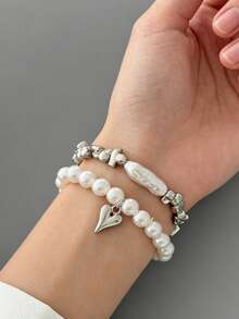 2件套心形吊坠金属手链，串珠仿珍珠多层首饰 - 彩色 - 查看 2