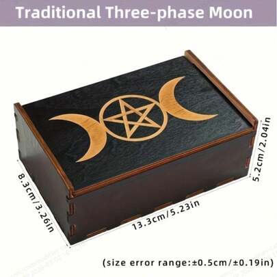 1pc Handmade Mysterious Black Wooden Storage Box With Lotus Flower, Triple Moon, And Tree Of Life Patterns, Suitable For Storing Tea Bags, Jewelry, Tarot Cards, Crystals And Gemstones. Smooth Design And Sturdy Structure.
