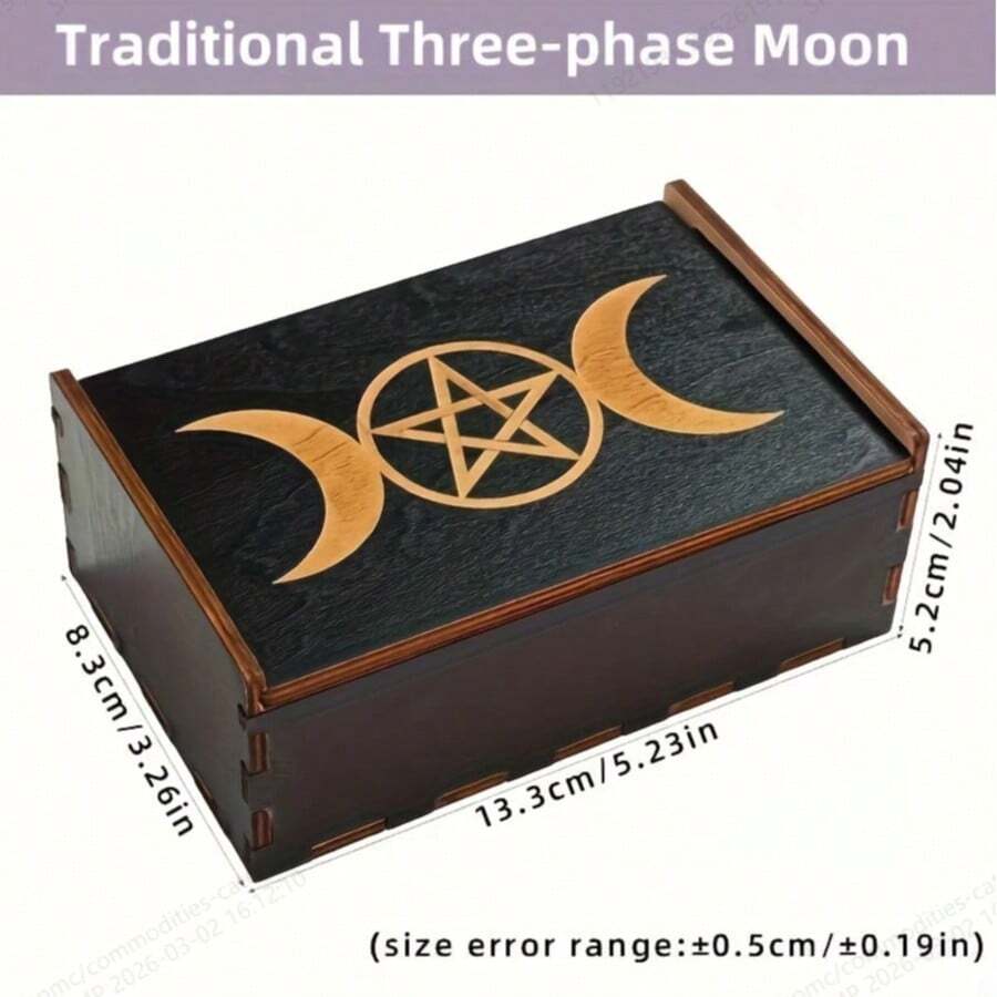 1 pieza Caja de almacenamiento de madera negra mística con patrones de loto, luna triple y árbol de la vida - Organizador de cartas de tarot, cristales y piedras de energía con líneas suaves y construcción duradera - Multicolor - Ver 1