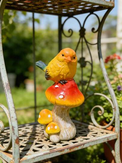 Cute Resin Bird On Mushroom Figurine - Hand-Painted Yellow Bird Statue With Red Mushroom Details, Decorative Tabletop Ornament For Living Room, Kitchen, Coffee Table, And Shelf Display, Whimsical Home Accent To Bring Warmth And Nature-Inspired Charm To Your Indoor Space, Ideal For Creating A Cozy Atmosphere