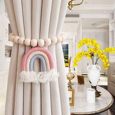 2 chiếc dây buộc rèm từ tính tua rua cầu vồng, lắp đặt không cần khoan, phù hợp với rèm cửa.