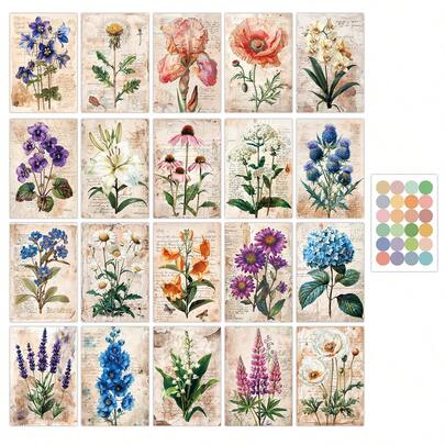 20pcs Vintage Floral Postcards, Retro Art Flowers Patterns Small Posters For Home Decor, Wall Collage Kit For Bedroom Aesthetics, Plant Theme Photo Collection For Dorm Wall Art Decor