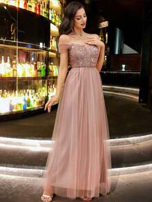 CHOSMO 优雅纯色正式礼服，针织面料，露背设计，网纱拼接，亮片点缀，适合舞会、婚礼、生日派对、周年纪念、毕业派对、音乐节、正式晚宴、摄影、毕业舞会、舞台表演和音乐会等场合。 - 藕粉色 - 查看 3