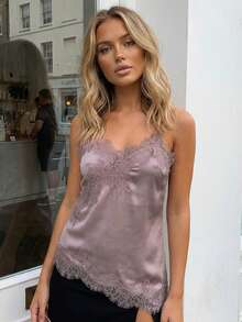 Women Y2k Lace Patchwork Satin Cami Tank Tops Spaghetti Strap V Neck Asymmetrical Hem Camisole Crop Tops Summer Sleeveless Backless Sexy Vest Shirts Cute Elegant Going Out Tops Coquette Aesthetic Clothes Party Club Streetwear - Màu nâu  Mocha - Xem 4