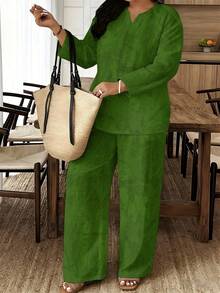 Plus Size V-Neck Half Sleeve Top & Wide Leg Pants Two-Piece Set For Mature Women, Emerald Green Solid Color Texture Print, Loose Breathable Outfit, Comfortable Versatile Wear For Spring/Summer Travel & Home - 彩色 - 查看 3
