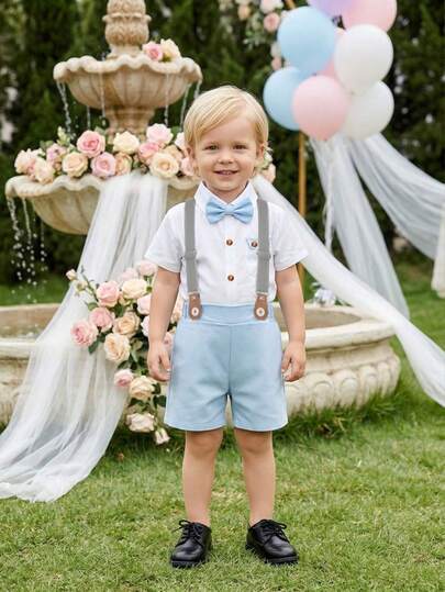 BOARNSEORL 2pcs Young Boys Gentleman Outfit - White Shirt With Bow Tie And Blue Suspender Pants, Suitable For Birthday Party, Formal Event, Wedding, Baby Shower