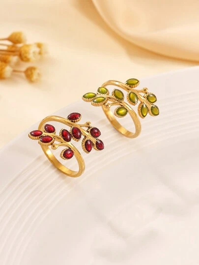 1pc/2pcs Stainless Steel Vintage Golden Leaf Shaped Open Ring, Suitable For Teenagers Daily Wear Or Gift