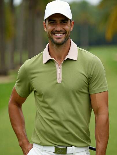 Herren Golf Polo Shirt mit Kontrastbesatz, Polokragen mit halber Knopfleiste, weich und leicht, Blockfarben, Business Casual Arbeitshemd als Geschenk für den Freund, für Golf, für den täglichen Gebrauch, für den Sommer, für Tennis