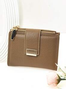 New Women's Snap Closure Short Wallet, Delicate Soft PU Dual-Layer Zipper Coin Purse Card Holder, Minimalist Fashionable Lightweight - Camel - View 2