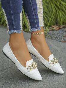1 Pair Fashion Metal Decor Pointed Toe Women's Low Heel Flat Slip-On Ballet Shoes, Suitable For Spring/Autumn Daily Wear, Commuting, Office, White/Beige Flat Shoes For All Seasons - White Mig - View 3