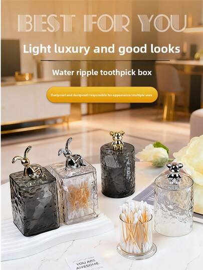 Luxury Rabbit Cotton Swab Storage Jar | Frosted Glass | High-End Aesthetic Cotton Swab Holder For Vanity, Elegant Gray Cotton Swab Canister | Rabbit Decor Lid | Bathroom Vanity Sophisticated Storage