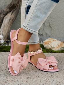 Sandalias con correa de moda para mujer, decoración hecha a mano con lazo, punta redonda plana adecuada para uso en interiores y exteriores - Rosa - Ver 5