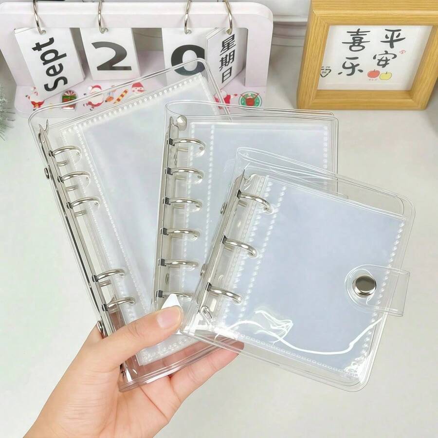 1个极简透明A5/A6计划本封面，6孔可替换内芯活页夹，PVC材质活页笔记本外壳，带按扣，适用于学校、会议、旅行和办公，情人节礼物，返校季礼物 - 彩色 - 查看 1
