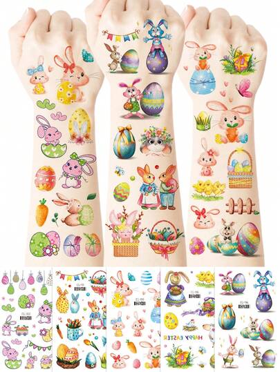 12张闪光复活节临时纹身贴纸，防水，图案包括兔子、复活节彩蛋、小鸡、春花和胡萝卜，可用于复活节装饰派对、复活节篮子填充物、寻蛋游戏奖品等。