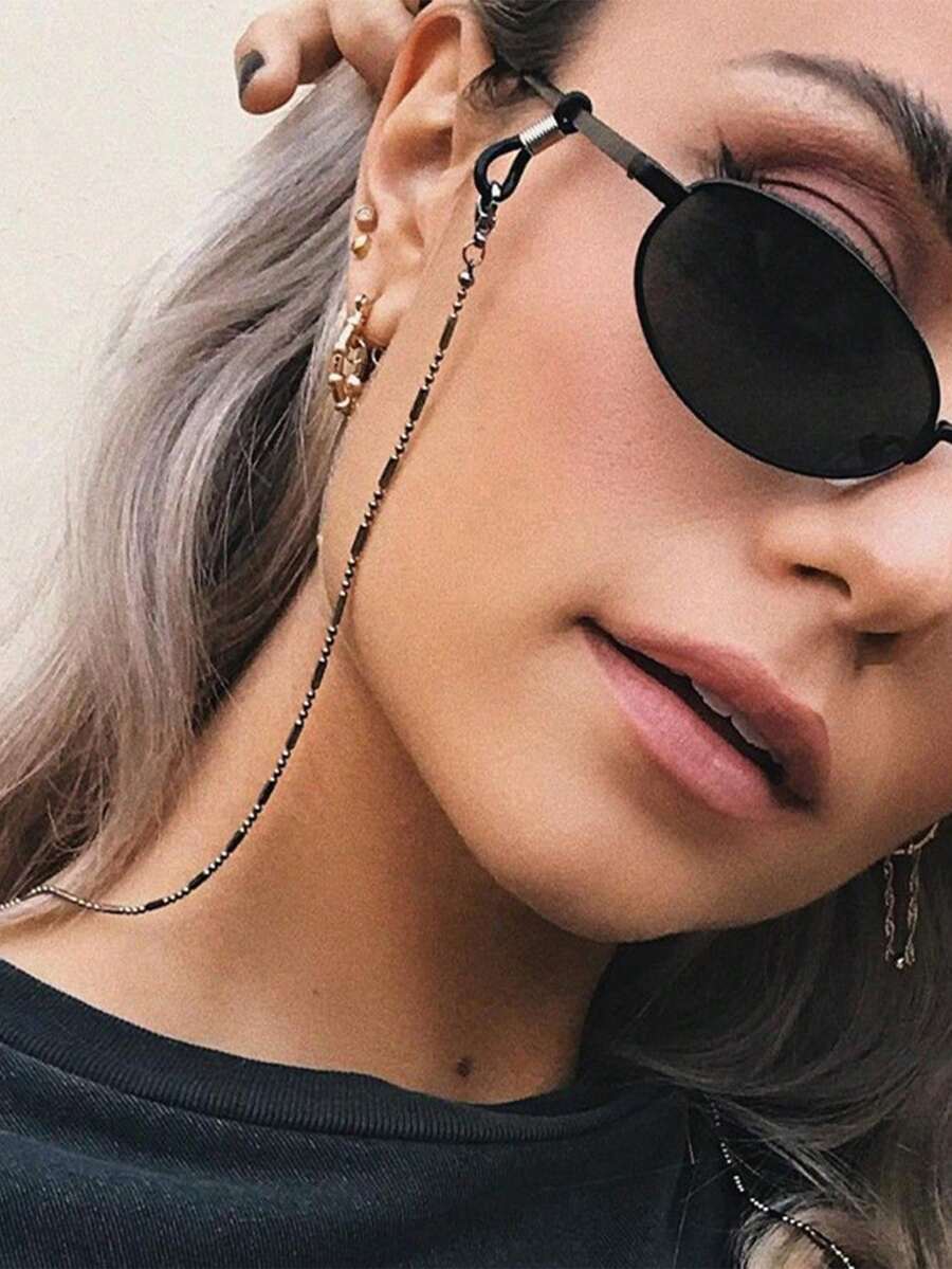 1条黑色串珠眼镜链，女士时尚眼镜挂绳口罩链 - 黑色 - 查看 1