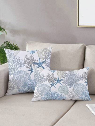 2pcs Spring/Summer Home Decor, Ocean Elements Design, Coral, Starfish, Shell, Multiple Sizes, Pillow Covers, Cushion Covers, Home Decor, Living Room Decor, Sofa Decor, Valentine's Day Gift, Sofa Cushion Covers, Car Cushion Covers