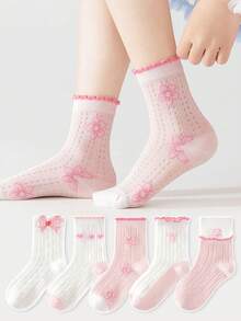 5 Pairs Kids Cartoon 3D Bow Socks, Girls Toddler Breathable Mid-Calf Socks With Heart Mesh Design, Suitable For Casual Daily Wear - Multicolor - View 5