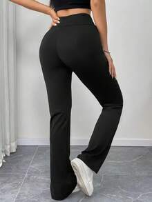 女士瑜伽口袋喇叭裤 - 斜插侧袋，适合瑜伽、休闲和办公场合 - 黑色 - 查看 6