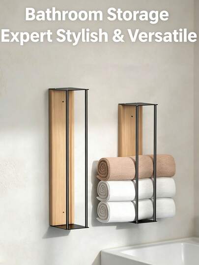 1Pc Modern 2-In-1 Towel Holder With Shelf, Wall Mounted Towel Rack With Wooden Backplate, Stainless Steel Towel Storage Organizer For Rolled Towels, Hand Towels, And Washcloths, No Drill For Bathroom, Vanity, And Dorm (40cm/50cm)