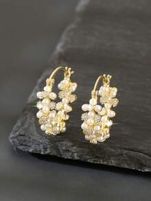 1 Pair Luxury Copper Geometric Floral Hoop Earrings, Elegant & Glamorous Party/Bridal Gift For Women - Round - View 6