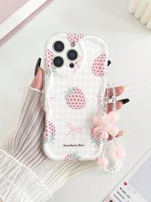 奶油色波浪边亮面草莓彩绘防摔手机壳，配手工串珠花朵手链配件，兼容 16/11/16 Pro/16 Plus/16 Pro Max/16 e/15 Pro Max/13/14/12/XS/XR/7G/8P、Galaxy S25/S25 Plus/S25 Ultra/A16/A36/A26/A56/A50/A12/A32/A52/A72/A51/A21 S/A13/A14/S24/S24 Plus/S24 Ultra、S22/A52/A53/A54/A55/S23、11/12 Pro/12/12 X/13 Pro/14 Pro/15 Pro 等机型。 10/9/Note9/12c/Note11pro/Note8Pro，国际版，非国内版 - 彩色 - 查看 3