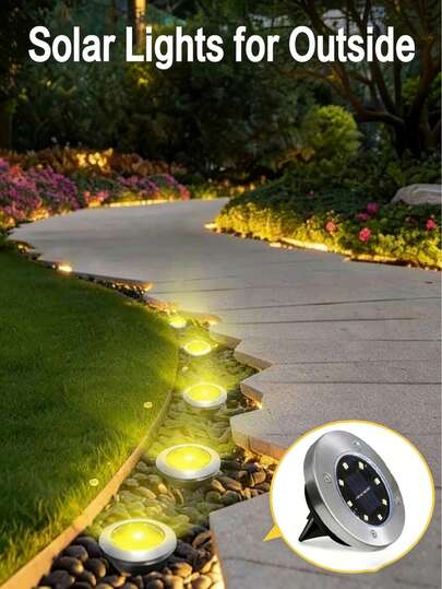 4/1pcs Outdoor Solar Powered Warm White Pathway Lights, Solar Ground Lights - 8 LED Solar Powered Ground Lighting, Stainless Steel Waterproof, Outdoor Solar Landscape Lighting, Solar Garden Lights, 8 Solar Disk Lights, Solar Landscape Lighting, Suitable For Home Decor, Driveway, Patio, Yard, Garden, Lawn, Walkway, Driveway, Swimming Pool, Playground Outdoor Lighting