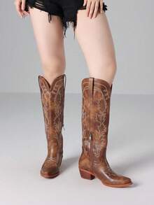 Women Western Knee High Boots Cowboy Long Chunky Block Heeled Boots Pointed Toe With Side Zipper Cowgirl Boots Vintage Country Comfy Mid-Calf Boots - 棕色 - 查看 4