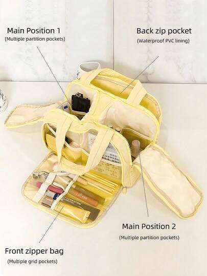 1 Large Capacity Double Wide Open Solid Color Toiletry Bag, Women's Portable Vacation Beauty Bag, Multi Pocket And Multi Slot Multifunctional Makeup Bag, Fashionable And Simple Partitioned Storage Bagtravel Essentials For Summer Holiday Back To School School Stuff Bag For School Wash Bag Travel