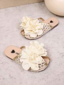 1 par de sandalias planas con punta abierta, bordado de flores 3D y malla para niñas, adecuadas para primavera y verano, zapatos de princesa - Champán - Ver 4