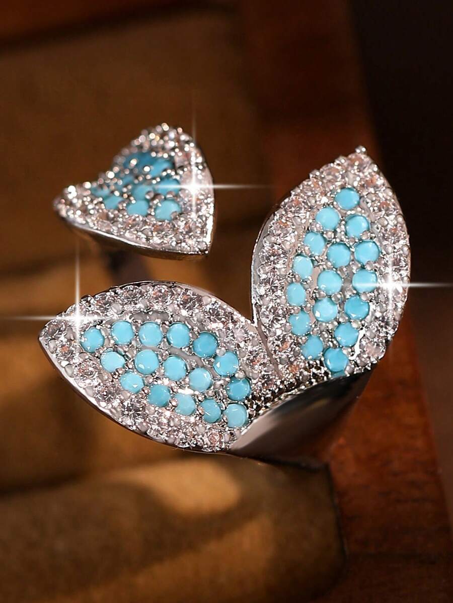 1枚奢华叶形设计蓝色立方氧化锆订婚戒指，高贵独特的开口戒指，适合女性商务、大学、度假、派对和日常佩戴。 - 湖藍 - 查看 1