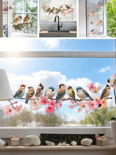 BRUP 1/2 feuilles/set Oiseaux colorés sur branche en fleurs Décalcomanie de fenêtre - Autocollant statique réutilisable pour la décoration de la maison au printemps, décoration artistique de fenêtre thème du printemps