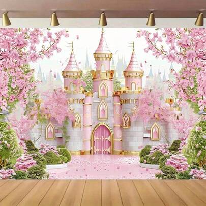 Un fondo de castillo de princesa de cuento de hadas, con brillo rosa y dorado, decorado con arcoíris, sin electricidad, pancarta de fiesta multifuncional, adecuada para inauguraciones de casa, celebraciones de aniversario y diversas celebraciones en varios estilos y tamaños.